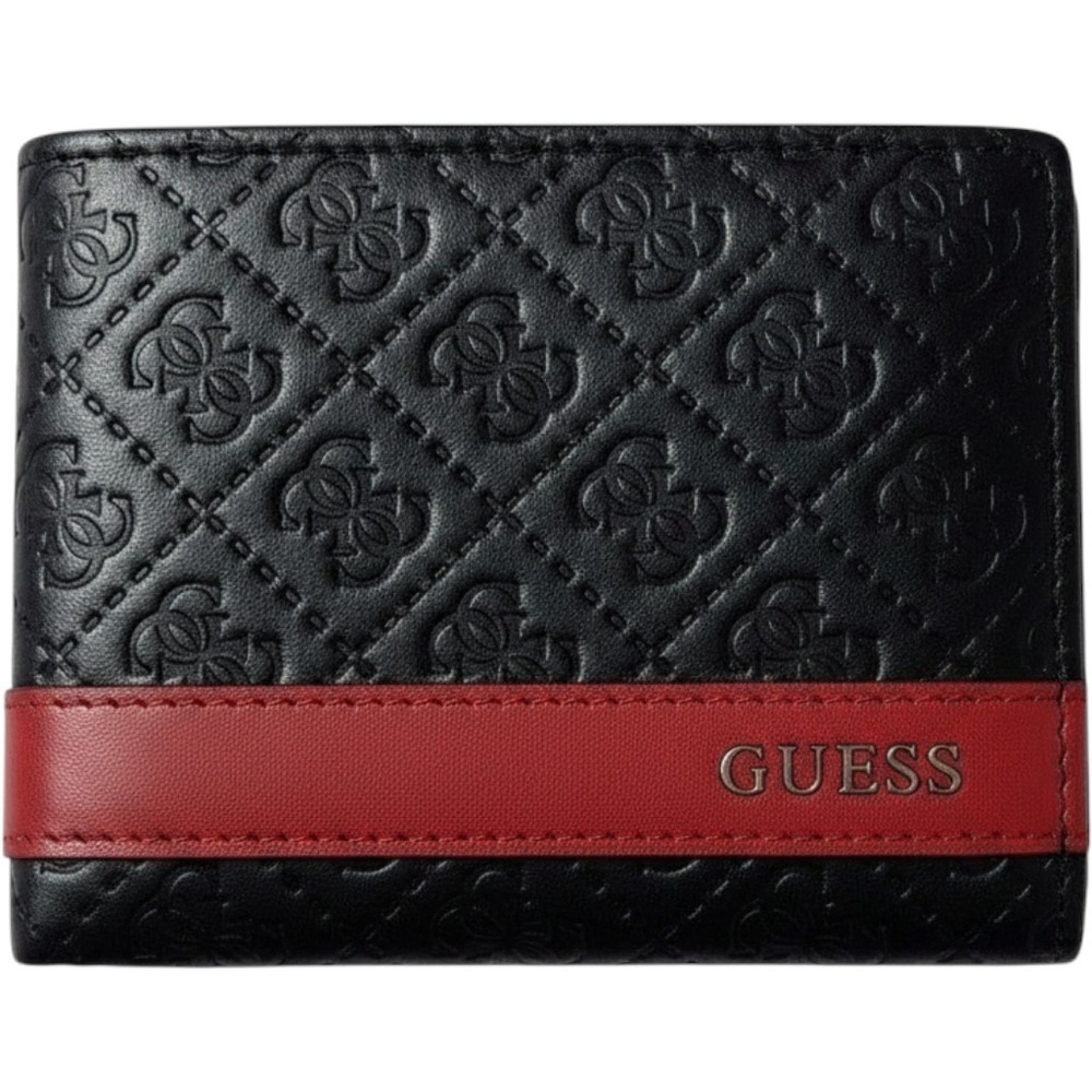 Guess Bifold Wallet Black Red Embossed Logo Leather 31GU13X008 Slim Textured